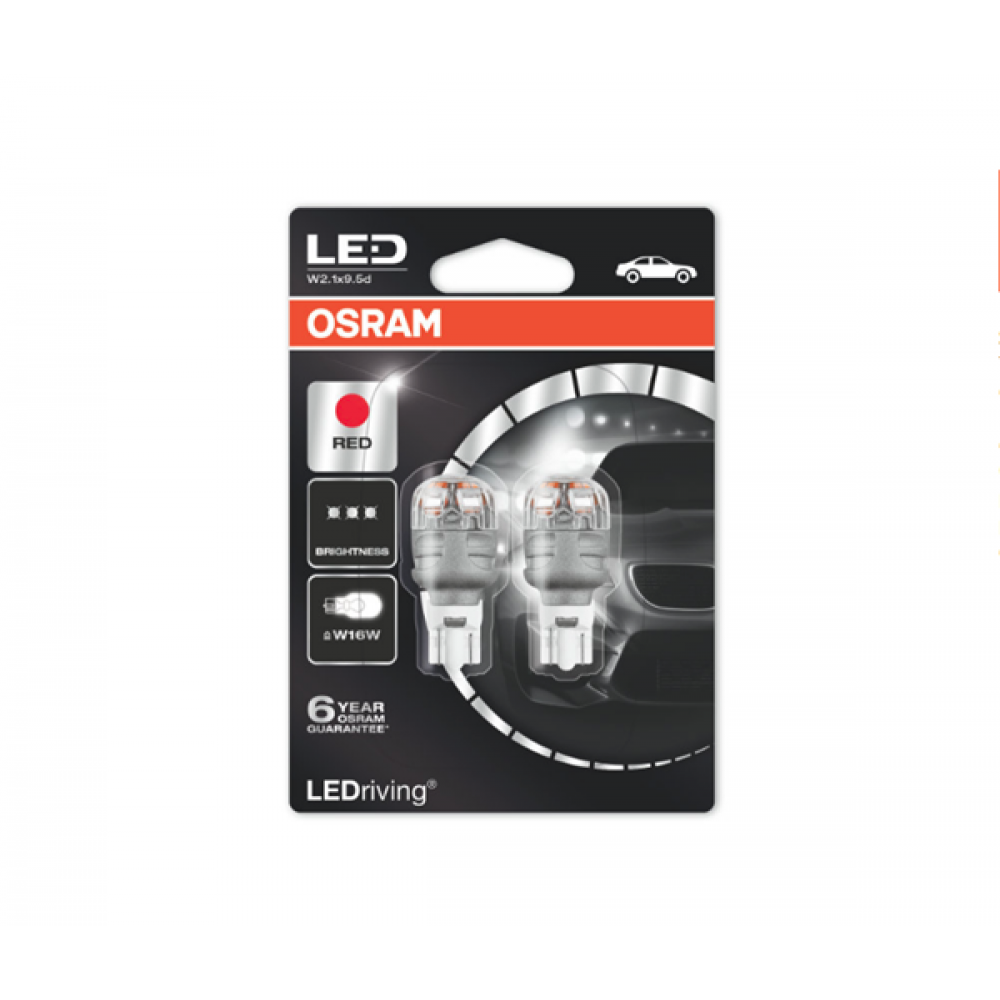 Osram W16W T16 LED Premium Retrofit RED Bulbs 2pcs 2W 12V W2,1X9,5D [Energy  Class A] 9213R-02B
